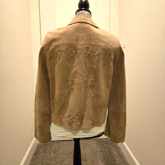 Vintage The Territory Ahead Suede Leather Jacket Floral Applique Tan Size Large - Picture 3 of 16